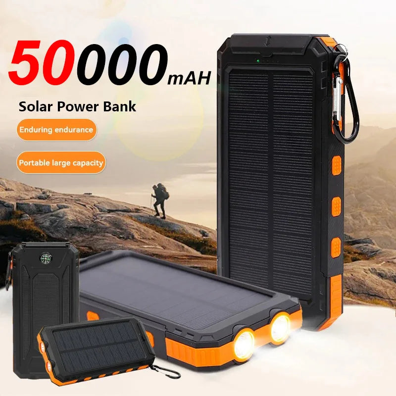 50000mAh Solar Power Bank Large Capacity Fast Charging Portable Charger lanyard Compass External BatteryOutdoor Backup Power