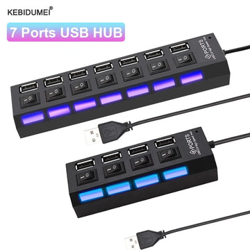 USB 2.0 Hub Multi USB Splitter Ports Hub Use Power Adapter 4/ 7 Port Multiple Expander Hub with Switch 30CM Cable For Home