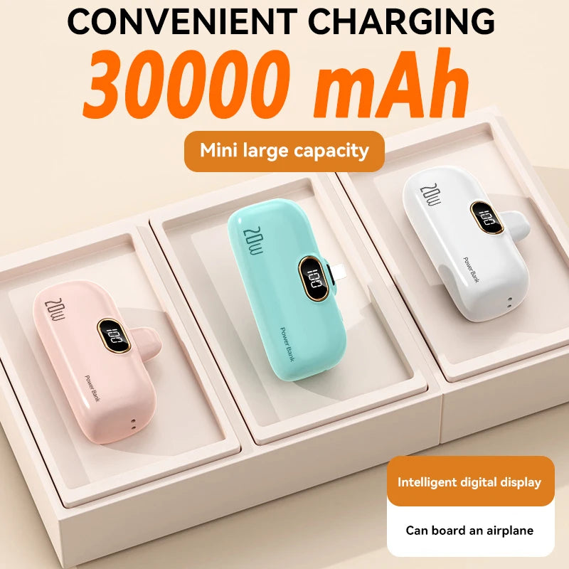 Mini 30000mAh Power Bank Built in Cable Portable Mobile Phone Charger External Battery Capsule Power Bank For Type-C iPhone HOT